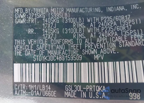 2011 Toyota Sienna Xle V6 from USA, damaged, VIN 5TDYK3DC4BS159509